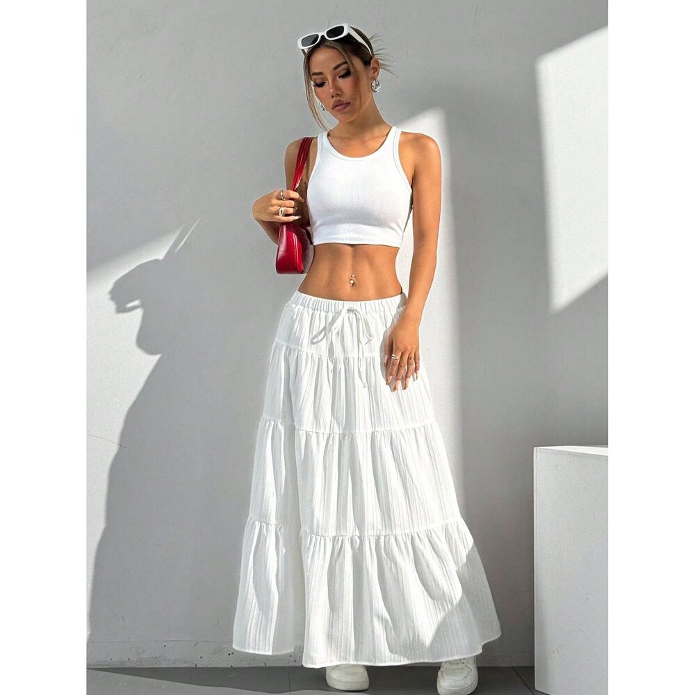 5931 Maxi Skirts Solid Color Long Skirts Summer High Waist Ruffled Hem - Picture 2 of 5
